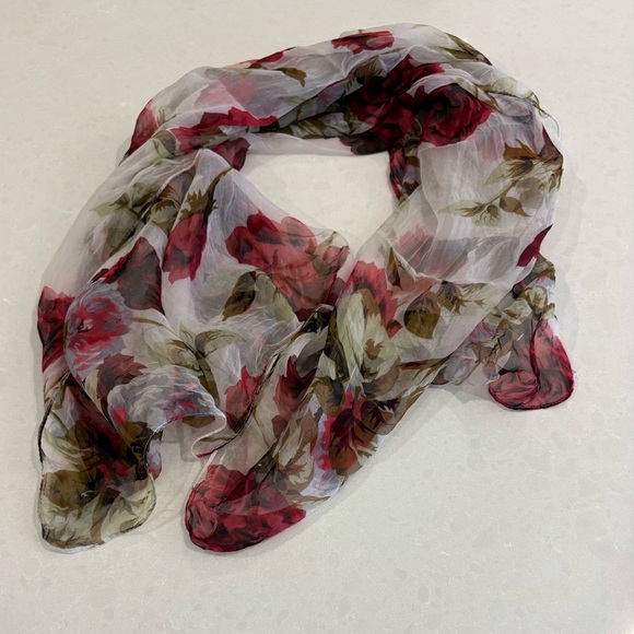 Red & White Floral Sheer Scarf - Rich Red Roses - Picture 3 of 7